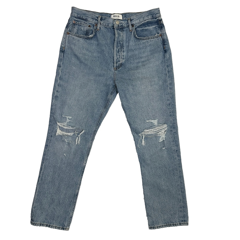 AGOLDE Riley High Rise Straight Crop Jeans Distressed Blue Women's Sz 29 or 32 w